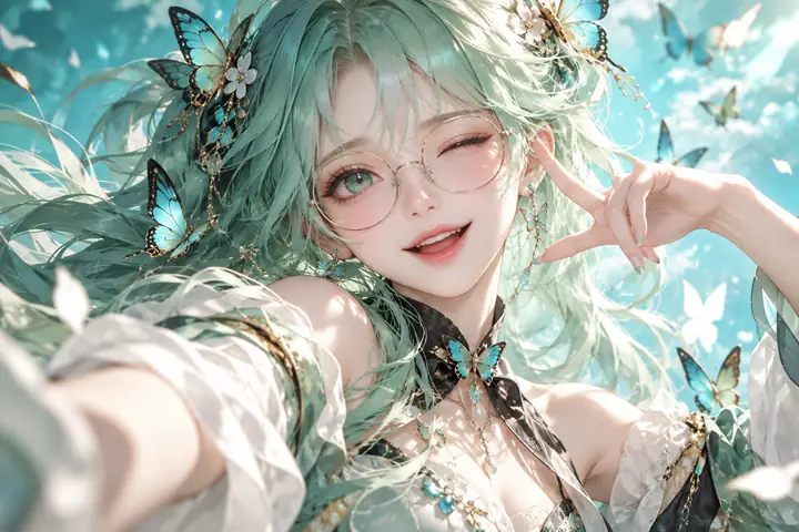 Joyeux personnage d’anime aux cheveux vert menthe, portant des accessoires pour cheveux en forme de papillon et des lunettes, faisant un clin d’œil sur un fond turquoise vif, illustration de personnage soignée