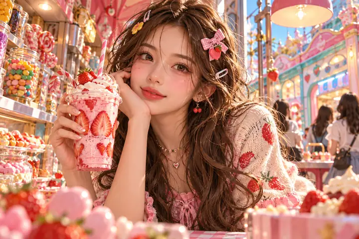 Portrait illustré et coloré d’une jeune femme aux cheveux bruns ornés de barrettes, tenant une boisson à la fraise, avec une confiserie en arrière-plan, dans un style anime riche en détails