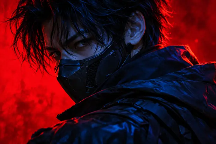 Gros plan façon roman graphique d’un personnage masculin aux cheveux noirs portant un masque de protection sombre, avec des ombres bleu cobalt dramatiques et un fond rouge vif