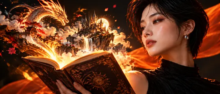 Une vitrine colorée d’images générées par IA, avec un portrait et un livre ouvert
