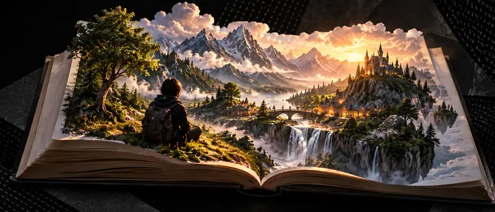 Un livre illustré s’ouvrant sur un paysage miniature luxuriant
