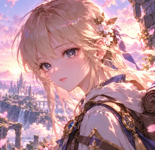 Aventurier d’anime rayonnant dans une scène fantastique détaillée